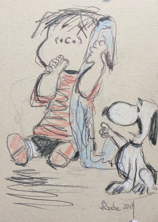 311/ Linus und Snoopy, Mischtechnik auf Pappe, 17 x 24 cm, 2019