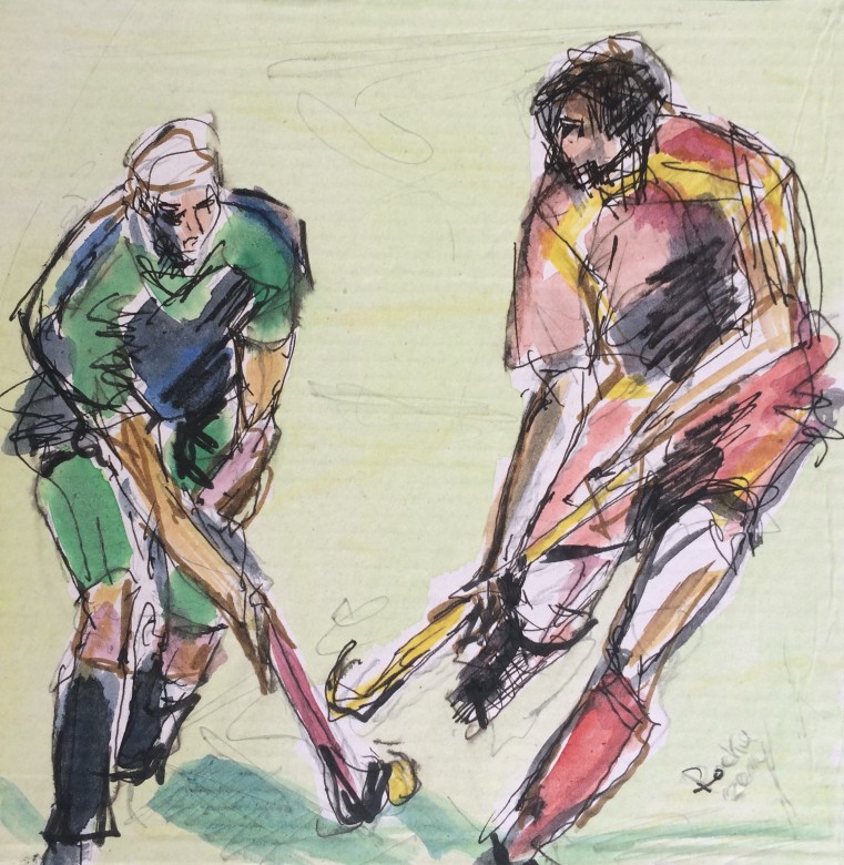 408/ Hockey, Mischtechnik auf Pappe, 20 x 20 cm, 2014